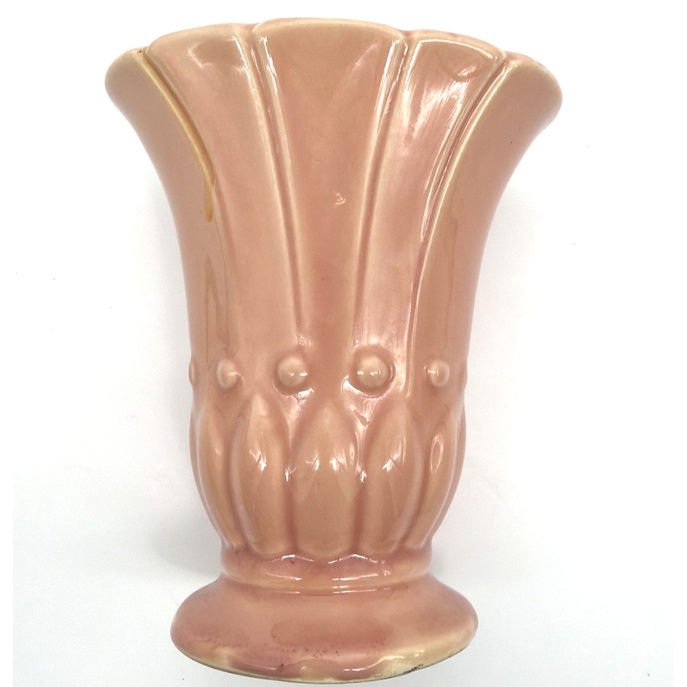 VTG Mid-Century Art Deco Pink Ceramic Vase Fluted Pedestal Marked USA 6 Inch